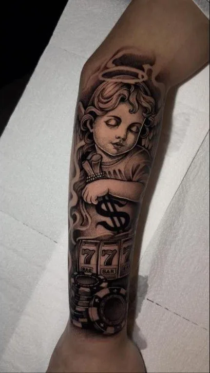 Anjo da sorte com cifrão, fichas e 777