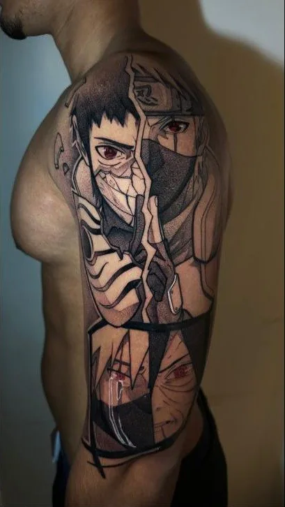 Obito e Kakashi dividindo o rosto, em blackwork